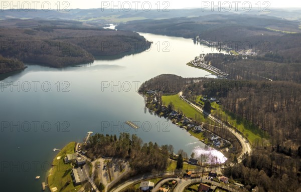 Aerial view, Sorpesee, Sorpe shore, camping at Sorpesee, campsite, Langscheid, Sundern, Sauerland,