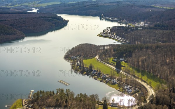 Aerial view, Sorpesee, Sorpe shore, camping at Sorpesee, campsite, Langscheid, Sundern, Sauerland,