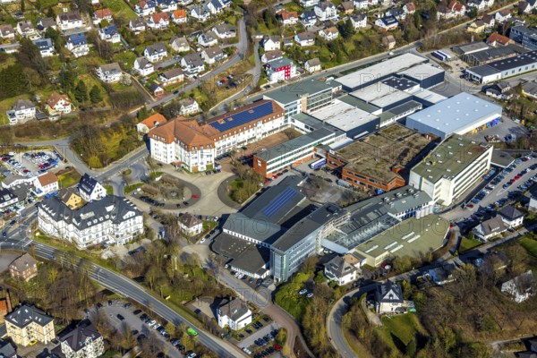 Aerial view, city administration, town hall, town hall square, Sundern, Sauerland, North