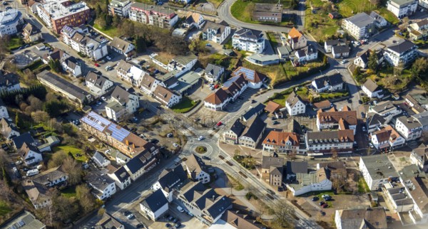 Aerial view, roundabout Settmeckestraße / Hauptstraße / Grünewaldstraße, Sundern, Sauerland, North
