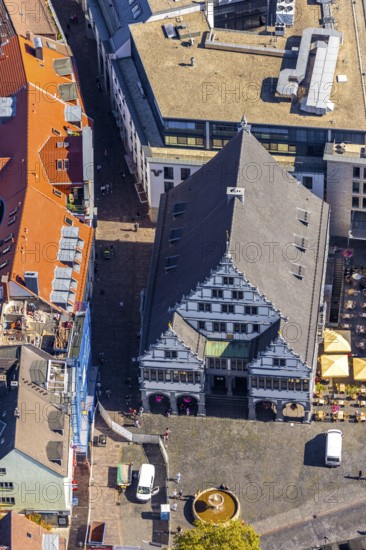 Aerial view, town hall, town hall square, town hall fountain, Paderborn, Ostwestfalen-Lippe, OWL,
