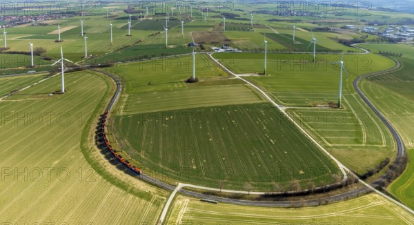 Aerial view, wind turbines on the B55 federal road, train on railway line, Warstein, North