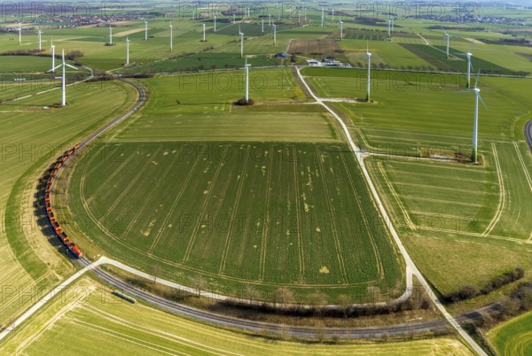Aerial view, wind turbines on the B55 federal road, train on railway line, Warstein, North