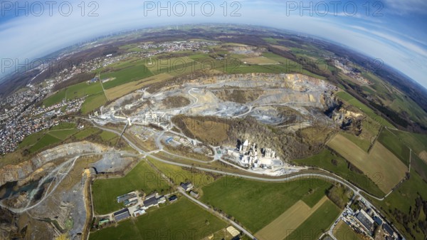Aerial view, quarries in Warstein, fisheye, fisheye image, Warstein, North Rhine-Westphalia,
