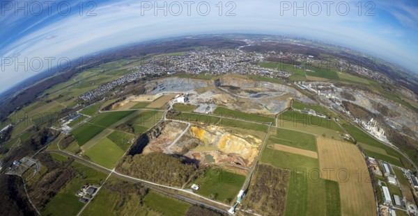Aerial view, quarries in Warstein, fisheye, fisheye image, Warstein, North Rhine-Westphalia,