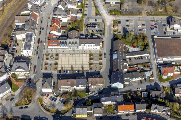 Aerial view, Wilkeplatz, shopping centre, Belecke district, Warstein, North Rhine-Westphalia,