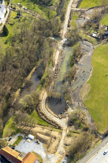 Aerial view, Wappenbaum memorial park, river Wester, flood, Warstein, North Rhine-Westphalia,