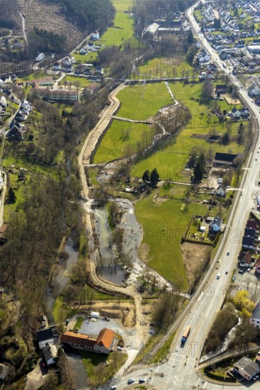 Aerial view, Wappenbaum memorial park, Stütings Mühle, River Wester, flood, Warstein, North