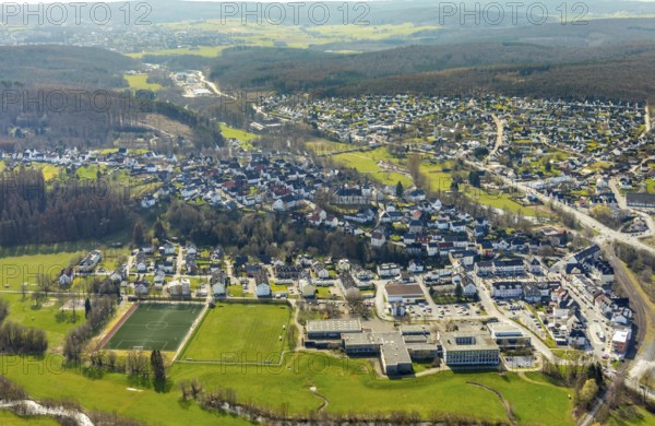 Aerial view, view of Belecke, Warstein secondary school, Möhnetal sports centre, Warstein, North