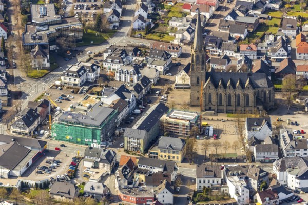 Aerial view, St. Pankratius Catholic parish church, Warstein town hall, construction site for town