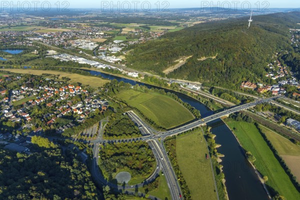 Aerial view, river Weser, Weser breakthrough, Wiehengebirge, Barkhausen, Porta Westfalica, OWL,