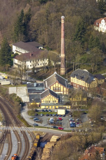 Aerial view, Warstein goods station, LWL boiler house with chimney, Warstein, North