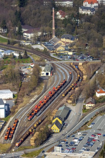 Aerial view, Warstein goods station, LWL boiler house with chimney, Warstein, North