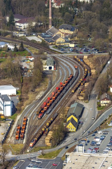 Aerial view, Warstein goods station, LWL boiler house with chimney, Warstein, North