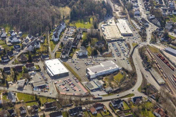Aerial view, shopping centre, Aldi. Lidl, Edeka, Alte Kreisstraße, Warstein, North