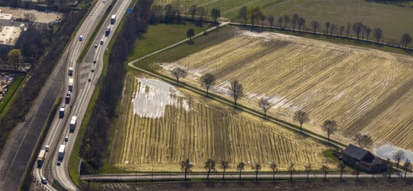 Aerial photograph, flooded meadow area, arable land, near Hammer Straße industrial estate, Werl,