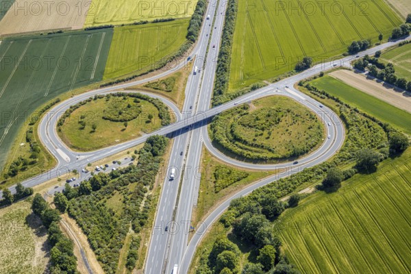 Aerial view, motorway A44 junction 55 Werl-Süd, car park Werl-Süd, federal road B516, Neheimer
