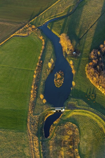 Aerial view, Sönnerbach and Salzbach streams and pond in autumn landscape, Werl, North
