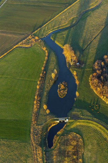Aerial view, Sönnerbach and Salzbach streams and pond in autumn landscape, Werl, North