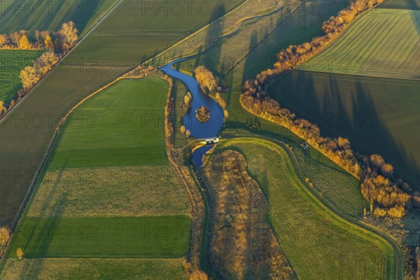 Aerial view, Sönnerbach and Salzbach streams and pond in autumn landscape, Werl, North