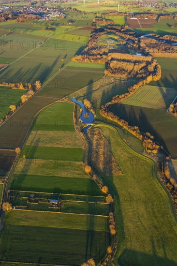 Aerial view, Sönnerbach and Salzbach streams and pond in autumn landscape, Werl, North