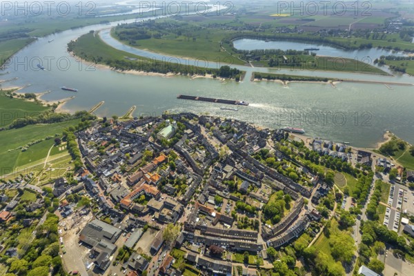 Aerial view, city centre view, catholic church St. Mariä Himmelfahrt, river Rhine, sports harbour