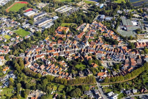 Aerial view, Old Town, Rietberg Town Hall, St. Johannes Baptist Catholic Parish Church, Rietberg,
