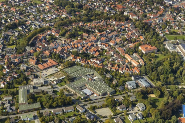 Aerial view, Old Town, Rietberg Town Hall, St. Johannes Baptist Catholic Parish Church, Rietberg,