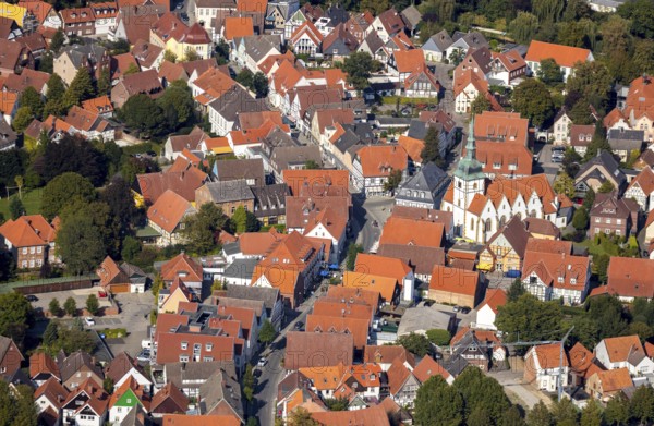 Aerial view, old town centre, Rietberg town hall, catholic parish church St. Johannes Baptist,