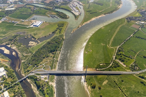 Aerial view, new mouth of the river Lippe near Wesel, Rhine, Rhine harbour, federal road connection