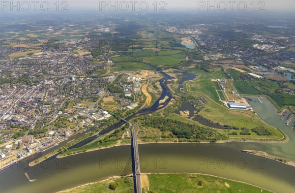 Aerial view, new mouth of the river Lippe near Wesel, Rhine, Rhine harbour, federal road connection