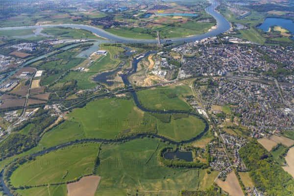 Aerial view, new mouth of the river Lippe near Wesel, Rhine, Rhine harbour, federal road connection