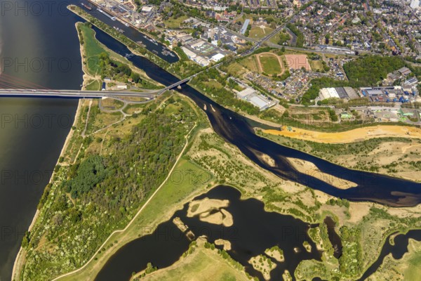 Aerial view, new mouth of the river Lippe near Wesel, Rhine, Rhine harbour, federal road connection