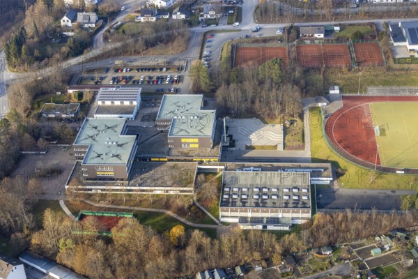 Aerial view, school centre Obringhauser Straße, municipal grammar school, sports field, Wormbach,