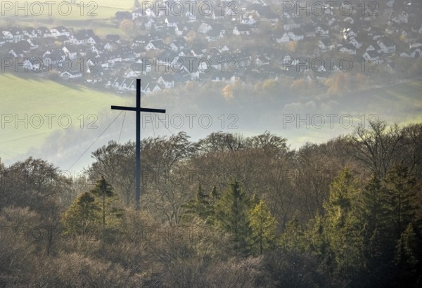 Aerial view, summit cross at the Marienkapelle, Wilzenberg, view to Grafschaft, Schmallenberg,