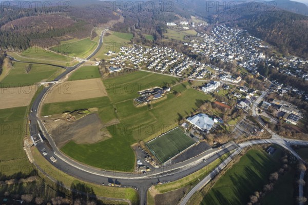 Aerial view, new construction of the bypass road L776n Bad Fredeburg, SauerlandBad, sports field,