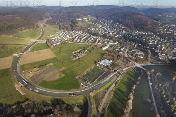 Aerial view, new construction of the bypass road L776n Bad Fredeburg, SauerlandBad, sports field,