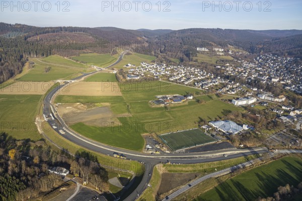 Aerial view, new construction of the bypass road L776n Bad Fredeburg, SauerlandBad, sports field,