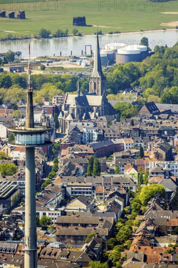 Aerial view, TV tower Wesel Langer Heinrich, protestant church Willibrordi-Dom, river Rhine,