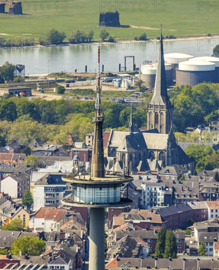 Aerial view, TV tower Wesel Langer Heinrich, protestant church Willibrordi-Dom, river Rhine,