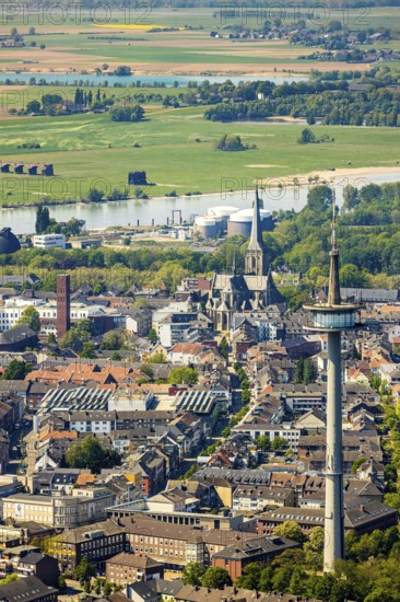 Aerial view, TV tower Wesel Langer Heinrich, protestant church Willibrordi-Dom, river Rhine,