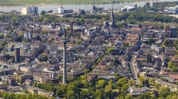Aerial view, TV tower Wesel Langer Heinrich, protestant church Willibrordi-Dom, river Rhine, old