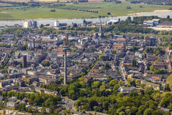 Aerial view, TV tower Wesel Langer Heinrich, protestant church Willibrordi-Dom, river Rhine, old