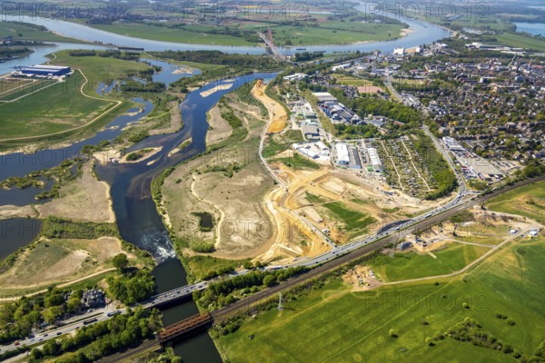 Aerial view, new mouth of the river Lippe near Wesel, Rhine, Rhine harbour, federal road connection