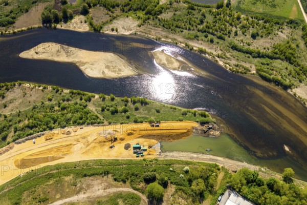 Aerial view, new mouth of the river Lippe near Wesel, Rhine, Rhine harbour, federal road connection