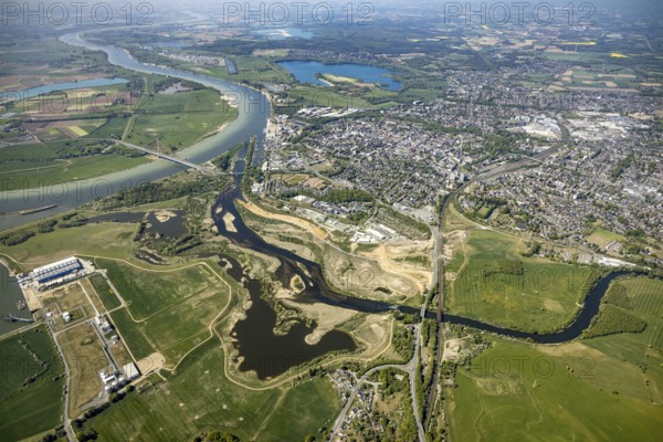 Aerial view, new mouth of the river Lippe near Wesel, Rhine, Rhine harbour, federal road connection