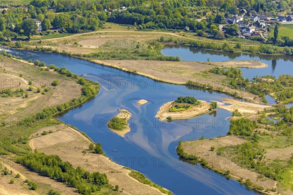 Aerial view, new mouth of the river Lippe near Wesel, Rhine, Rhine harbour, federal road connection