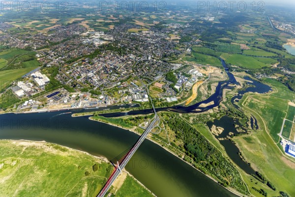 Aerial view, new mouth of the river Lippe near Wesel, Rhine, Rhine harbour, federal road connection