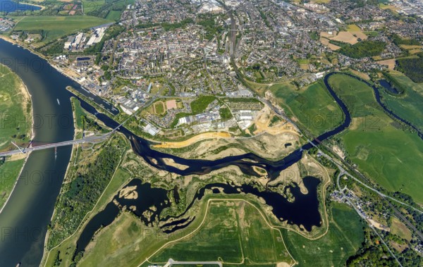 Aerial view, new mouth of the river Lippe near Wesel, Rhine, Rhine harbour, federal road connection