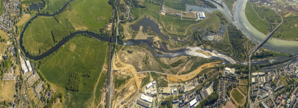 Aerial view, new mouth of the river Lippe near Wesel, Rhine, Rhine harbour, federal road connection